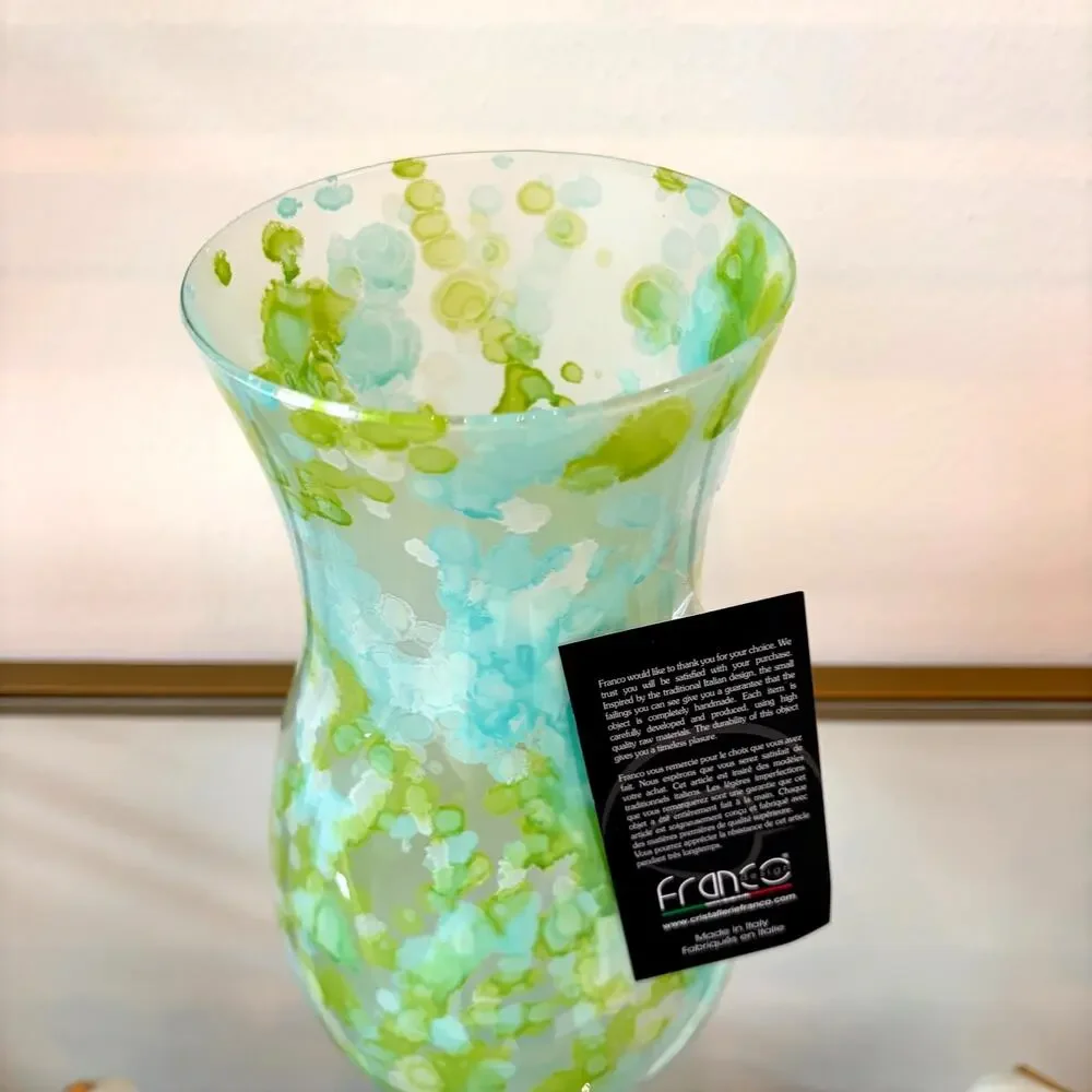 Franco Italy Murano Art Glass Vase 11.5in Pastel Blue & Green Speckled NEW